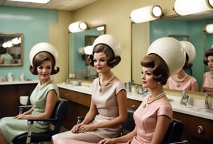 Photograph capturing two women in a 1960s hair salon, chatting away as they sport vintage hair dryers over their heads. The hair dryers, large and round with a distinct retro design with a platic cover and enclose their heads. The women wear elegant dresses and pearl necklaces, reflecting the style and class of the era. The salon's interior features vintage furniture and decor, with a touch of glamour and sophistication.