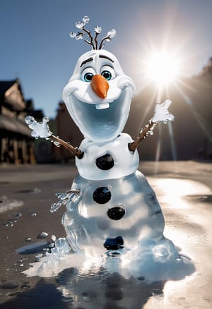 Photo of a Olaf from Disney frozen movie made with water, half melted into a puddle of water under the bright sun