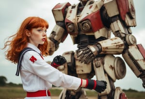 Girl fighting a Giant robot.
BREAK
Dutch Angle. Photo of a redhead woman with shoulder-length hair and bang, wearing sailor fuku, red wristbands. fighting a Robot.  style by J.C. Leyendecker. Canon 5d Mark 4, Kodak Ektar, 35mm, raw file