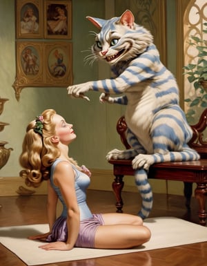 Photo of Disney Alice in Wonderland doing yoga with the Cheshire Cat, art by J.C. Leyendecker, 35mm film