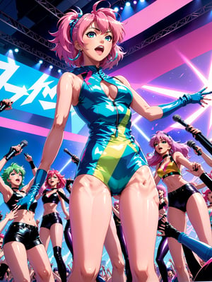 Anime artwork. low angle shot from ground of Jem and the Holograms, spandex, leather, Mic on her hand. The stage is surrounded by excited fans. art by Makoto Shinkai, art by J.C. Leyendecker, anime style, key visual, vibrant, studio anime, CGI, 3D Rendering