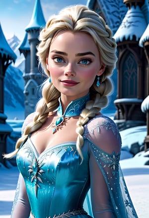 Cinematic movie still of Margot Robbie as Elsa from Frozen movie,