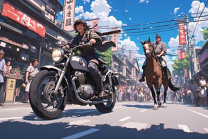 Anime style. A race between a Samurai on a motorcycle with a man on a horse. Close up of a Japanese man dressed as a samurai riding a motorcycle across a busy street in Kyoto, set in the year 1800. The samurai, laughing while looking upward, is wearing traditional armor, has his katana sheathed at his side as he speeds through the bustling market street, filled with merchants, pedestrians, and wooden stalls. The horse rider looks at the samurai in astonishment.