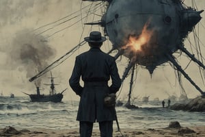 Closeup  of a man, the narrator of War of the World standing at the beach. background is the Ironclad HMS Thunder Child firing at a Martian Tripod, 1892