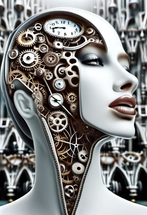 Surrealist art. Head of a female mannequin looking up. Her face is open zipper,  clocks and intricate gears inside the face. hyper realistic photograph,  photo background,  cup,  realistic,  watercraft,  close-up,  holding,  water,  1girl . Dreamlike,  mysterious,  provocative,  symbolic,  intricate,  detailed,