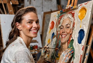 Photo of woman, light smile, covered in paint in an artist's studio painting a portrait on canvas, art by J.C. Leyendecker, UHD 8k wallpaper