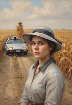 oil painting head and shoulders portrait of a woman, wearing a bonnet, 1850, behind a Delorean from Back to the Future on a dirt road beside a corn field.