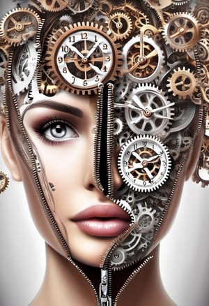 A woman's face is open zipper, revealing clocks and intricate gears inside.