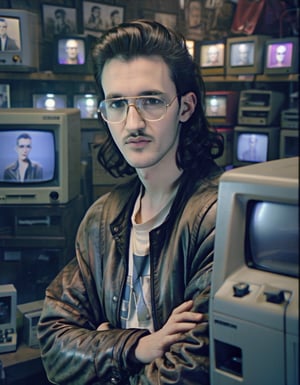 H4ck3rm4n, Gene Hackman hackerman with a mullet haircut, round iris, wearing glasses and a leather jacket, looking into the camera, vintage shop with old television monitors backdrop, polaroid style, grainny picture, film still, f/1.4