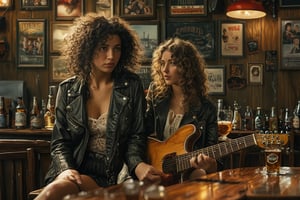 A woman with curly hair, leather jacket and mini skirt playing guitar in a bar. Background is a fat man drinking beer. 