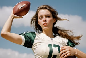 Photo, Closeup female quarterback throwing a football, showing midriff. Canon 5d mark 4, Kodak ektar, style by J.C. Leyendecker