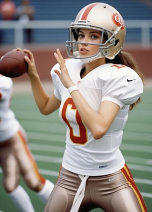 Photo, Closeup female quarterback throwing a football, midriff. Canon 5d mark 4, Kodak ektar, style by J.C. Leyendecker