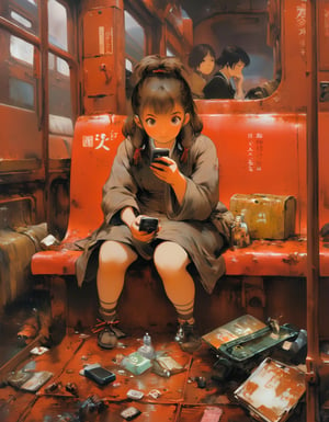 Oil Painting, Girl holding a phone, sitting on train,  red interior, rust, garbage on the floor, broken bottles, r3mbr4ndt, Anime artwork. 