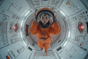 Wide angle shot of a female astronaut, dressed in a vibrant orange space uniform, is carefully re-enacting the iconic scene from 2001: A Space Odyssey where the astronaut deactivates HAL 9000. Floating weightless Inside a sleek, futuristic spacecraft, she methodically removes the components of the HAL 9000 interface, one piece at a time. The setting is tense and sterile, with bright lighting reflecting off the white sterile surfaces, capturing the eerie, unsettling atmosphere of the original scene. The red glow of HAL's eye slowly fades as the scene unfolds, highlighting the dramatic tension between human and machine.