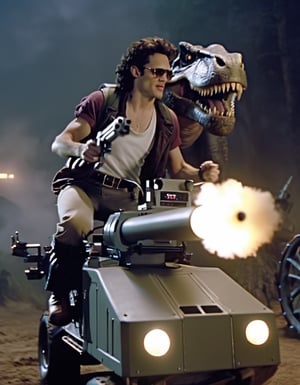 H4ck3rm4n, Cinematic film still of hackerman riding a T-rex, firing gatling gun