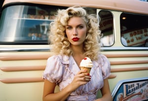  Dutch Angle. Closeup photo of a blonde woman, wavy permed hair, wearing mini dress, sitting astride, beside an ice cream truck. Style by J.C. Leyendecker. Canon 5d Mark 4, Kodak Ektar, 35mm 