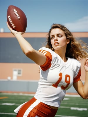 Dutch angle. Photo, Closeup of female quarterback throwing a football, showing midriff. Canon 5d mark 4, Kodak ektar, style by J.C. Leyendecker