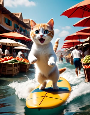 Cinematic still of cat,  scared, surfing on top of a fish,  running away in a market