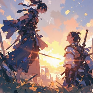 sketch painting. A shot from the ground up. A Samurai lifting his head upward. Above him, a female ninja is attacking. She holds a short dagger, The scene is illuminated by the soft glow of the setting sun