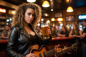 Dutch Angle. Closeup Photo of a caucasian woman with curly hair, leather jacket and mini skirt playing guitar in a bar. Background is a fat man drinking beer. Style by J.C. Leyendecker. Canon 5d Mark 4, Kodak Ektar, 35mm 