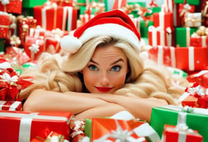 Cinematic Film Still, Pale Blonde Woman, freckles, braids, wearing Santa hat, laying down on her back in a giant pile of presents, in a mansion, raw photo, nikon