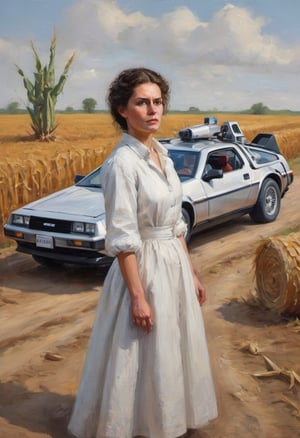 oil painting head and shoulders portrait of a 17th centry woman, dress in white, behind a Delorean from Back to the Future on a dirt road beside a corn field.