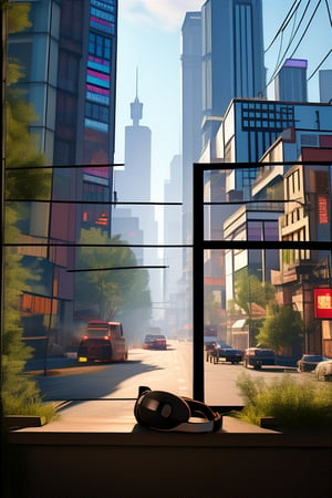Grumpy cat sleeping by the window, VR Headset, cyberpunk 2077 cityscapes
