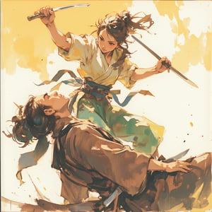 sketch painting. A shot from the ground up. A Samurai lifting his head upward. Above him, a female ninja is attacking. She holds a short dagger, The scene is illuminated by the soft glow of the setting sun