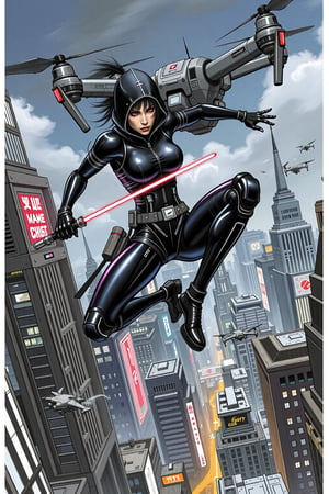 Finely intricate details, lots of pencil strokes, a color masterpiece comics scribbled illustration, A cybernetic female ninja clad in sleek black leather, mid-action as she leaps off a hovering drone. Her body is a blend of human and advanced robotics, with glowing circuits running through her limbs. In her hand, she wields a glowing lightsaber, slicing through the air with a vibrant neon blade. Her expression is fierce and determined, with glowing red eyes reflecting the intensity of the fight. The futuristic cityscape below her is filled with neon lights, towering buildings, and other drones buzzing around. The dynamic action captures the essence of high-tech combat and stealth.