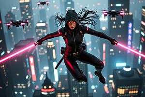 A cybernetic female ninja clad in sleek black leather, mid-action as she leaps off a hovering drone. Her body is a blend of human and advanced robotics, with glowing circuits running through her limbs. In her hand, she wields a glowing lightsaber, slicing through the air with a vibrant neon blade. Her expression is fierce and determined, with glowing red eyes reflecting the intensity of the fight. The futuristic cityscape below her is filled with neon lights, towering buildings, and other drones buzzing around. The dynamic action captures the essence of high-tech combat and stealth.