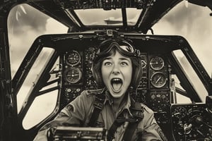 Photo,  Female pilot,  screaming,  inside cockpit,  ww2