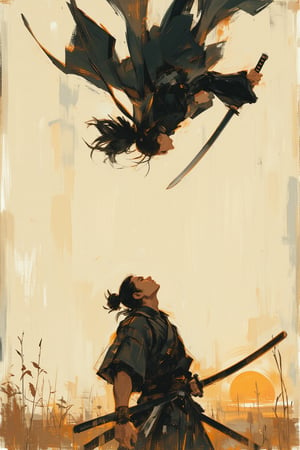 sketch painting. Anime style. A shot from the ground up. A Samurai lifting his head upward. Above him, a female ninja is falling on him. Her sharp katana is poised for attack, The scene is illuminated by the soft glow of the setting sun