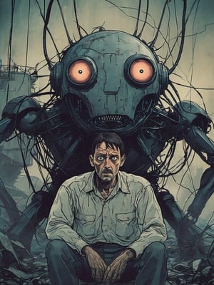 Closeup of a frightened man, the narrator of War of the World, Looking at a Martian Tripod Robot with three legs