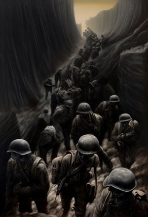Long, weary lines of soldiers trudging back from the front, shadows of the men they once were, Dusk, , Shipwreck, Disquieting,Phantom-like, (Monochromatic:1.1), (Isolation:1.1), (Chiaroscuro:1.1), (Strobe light:1.2), Marble, Polygon, ((Romantic,soft,passionate,tender:0.99),(Rule of Thirds,balanced,offset focus,Rough,gritty,coarse,rugged,Hard Light,sharp,strong contrast,defined:0.75),(Cinma Vrit,naturalistic,observational,unobtrusive:0.99):0.5), ultra detailed, intricate, oil on canvas, dry brush, (surrealism:1.1), (disturbing:1.1) 