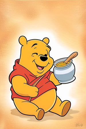 Winnie the poo, holding a pot of honey,w00len