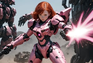 A redhead waring a pink powered armor suit, shooting at a black giant mecha