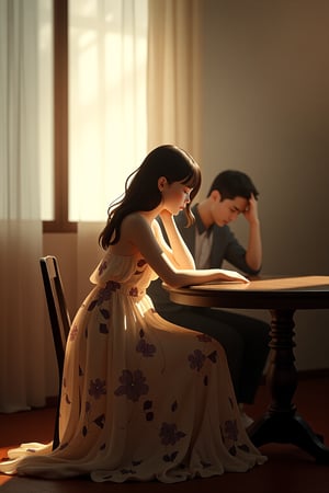 3d octane render, dreamy art of aminimalist Colorful balenziaga, shaping lighting and shadows, cosy lo-fi setting intimate scene with two people in a sunlit room. A young lo-fi woman in an elegant, flowing dress with floral patterns sits beside a round, dark wooden table. She leans slightly, her face turned away, revealing a soft, serene expression. Her dress gently cascades. The man, seated behind her with his hand on his forehead, appears deep in thought. 