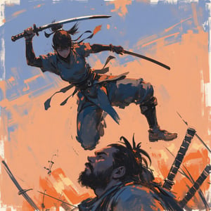 sketch painting. A shot from the ground up. A Samurai lifting his head upward. Above him, a female ninja is attacking. She holds a short dagger, The scene is illuminated by the soft glow of the setting sun