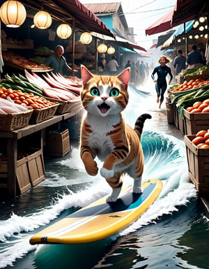 Cinematic still of cat,  scared, surfing on top of a fish,  running away in a market