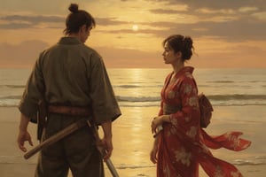 oil painting. A deeply emotional and dramatic scene between a ronin and his girlfriend at a seaside, set during their final goodbye. The ronin, dressed in worn-out traditional samurai robes, stands solemnly with his hand resting on the hilt of his katana. His girlfriend, wearing a flowing kimono, stands far apart from him, her expression filled with sorrow and longing. They are gazing intensely at each other, the distance between them symbolizing the emotional rift as they say their farewells. The backdrop is a serene, yet melancholic, seaside with waves gently lapping at the shore, and the setting sun casting long shadows and a golden glow over the scene. The sky is painted with hues of orange and pink, adding to the bittersweet atmosphere. The overall composition captures the profound emotion of separation and unspoken love.