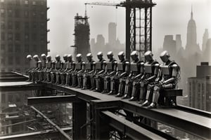 B & W photograph of a group of robots constrution sitting on a steel beam high above the ground, having a break, during construction of the RCA Building in Manhattan, art by by Lewis Hine, September 20, 1932