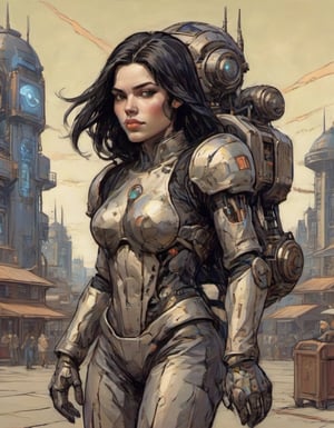 Girl,  black long hair blown by the wind,  cybernetic armor,  backpack,  art by J.C. Leyendecker. Background is a Giant evil Mechanical Robot.