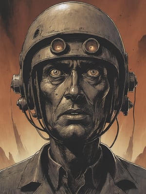 Closeup of the frightened face of the narrator of War of the World, looking up at a Martian Tripod Machine with three legs