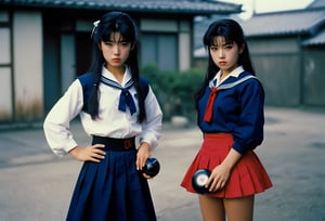  A cinematic film still of Sukeban Deka, wearing dark blue Sailor Fuku long skirt, holding a toy yoyo in her hand, 80s Japanese Drama. Style by Masamune Shirow. Canon 5d Mark 4, Kodak Ektar, 35mm 