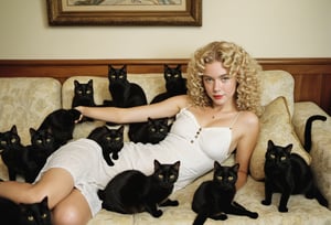 Photo of a blonde woman, perm wavy hair, white sundress, on sofa, surrounded by a group of black cats.  Style by J.C. Leyendecker. Canon 5d Mark 4, Kodak Ektar, 35mm, raw file