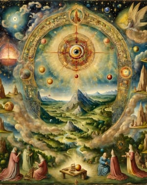 Paiting of a Medieval cosmic rendition of the alchemy elements, third eye, gate to heaven,  Sky, mountain and medow in the background