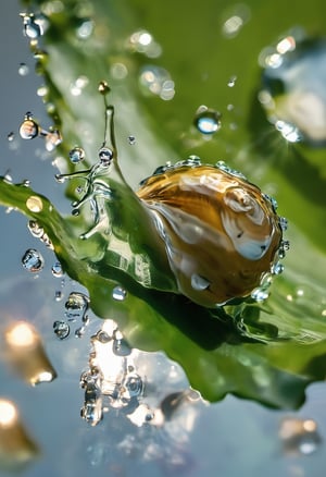 Photo of a snail made with water, rainbow-colored shells. These snails are peacefully sliding across a verdant green leaf which is covered with dewdrops, reflecting and refracting the sunlight into countless tiny prisms. ,made of water