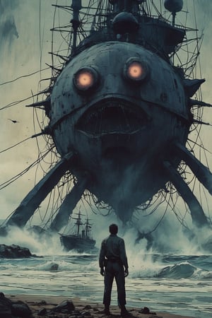 Closeup of a frightened man, eyes wide open, the narrator of War of the World, standing offcenter at the beach. Background is the tiny steamship Ironclad warship HMS Thunder Child firing at a gigantic Martian Tripod