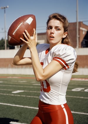 Photo, Closeup female quarterback throwing a football, midriff. Canon 5d mark 4, Kodak ektar, style by J.C. Leyendecker