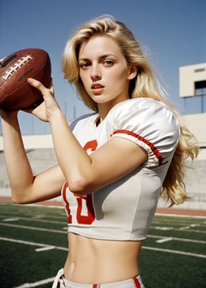 Photo, Closeup blonde female quarterback throwing a football, showing midriff. Canon 5d mark 4, Kodak ektar, style by J.C. Leyendecker